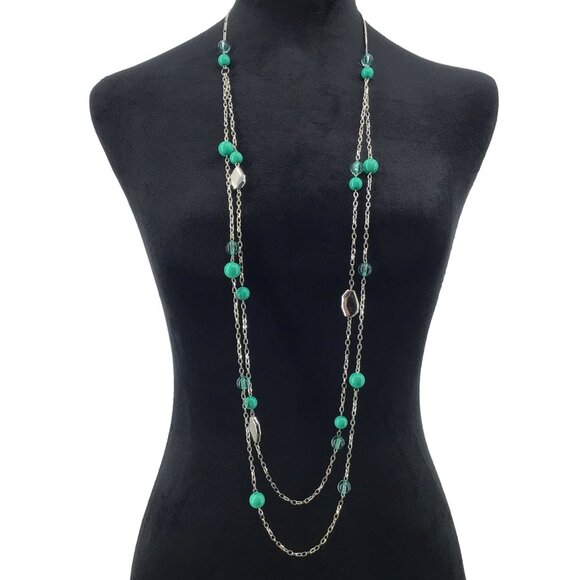 Long Length Beaded Necklace Double Strand Silver Tone Turqoise - Picture 1 of 3